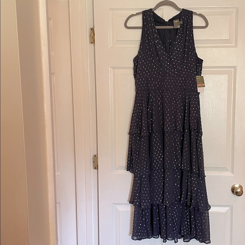 TAYLOR FOR MACY’S FORMAL DRESS ~ NWT ~ NAVY/SILVER ~ TIERED ~ SHEER (LINED)